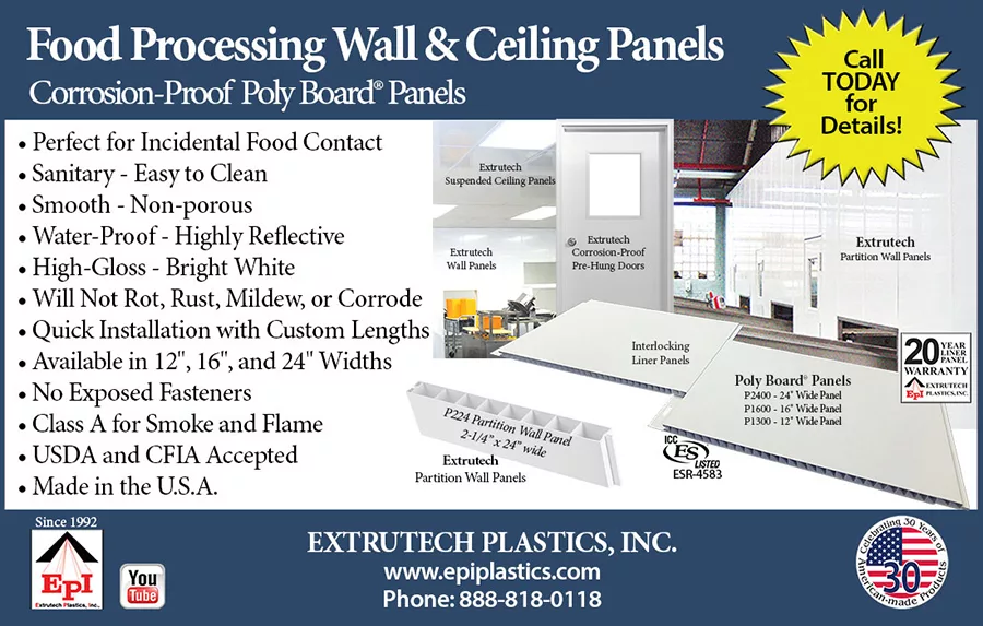 Food Processing Wall & Ceiling Panels from Extrutech Plastics